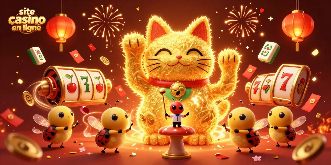 Profitez des stratégies du site casino en ligne avec un chat porte-bonheur entouré de symboles de jeu vibrant.