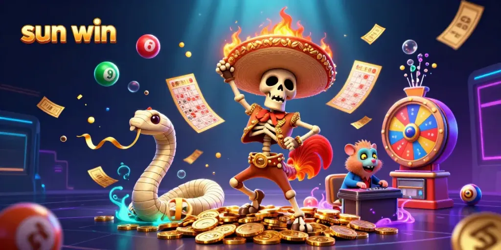 Win big with sun win in this vibrant 3D casino scene filled with dynamic gaming elements.