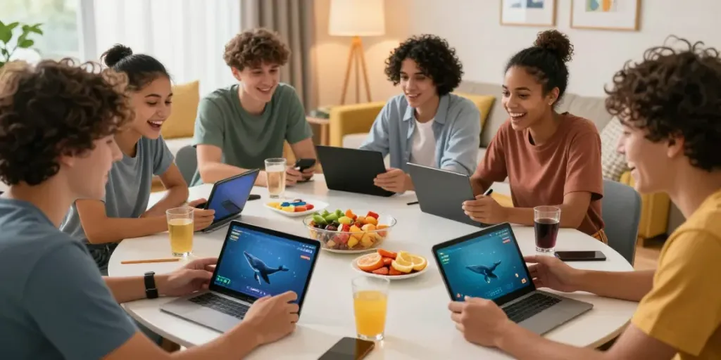 Excited friends playing ROKOK88 APK in a lively living room during a gaming session.