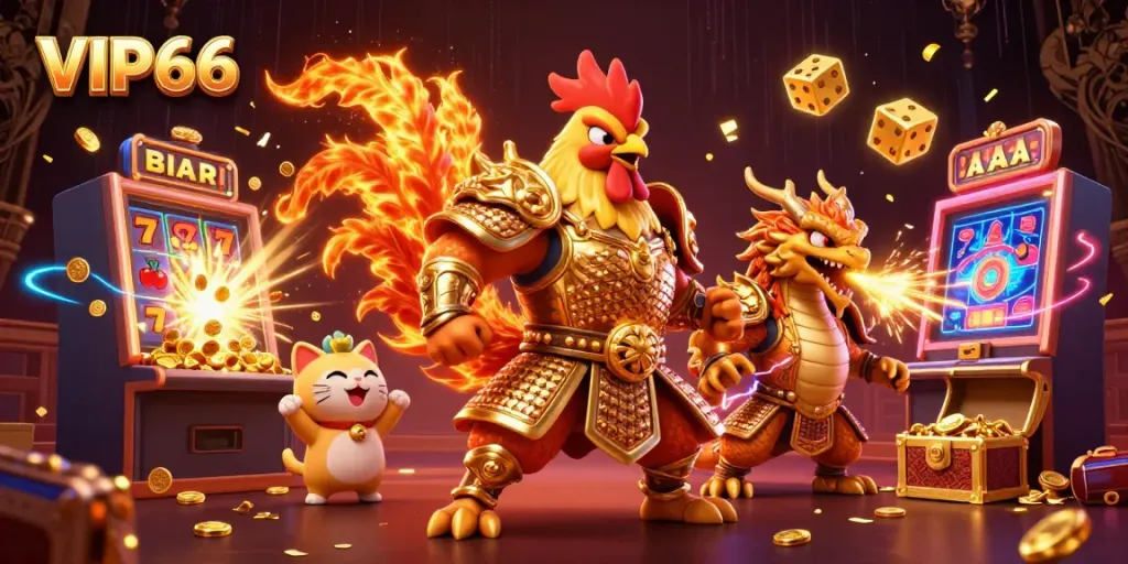Experience the thrill of VIP66 with a dynamic illustration of the cartoon fighting rooster and dragon hatchling amid a jackpot explosion.