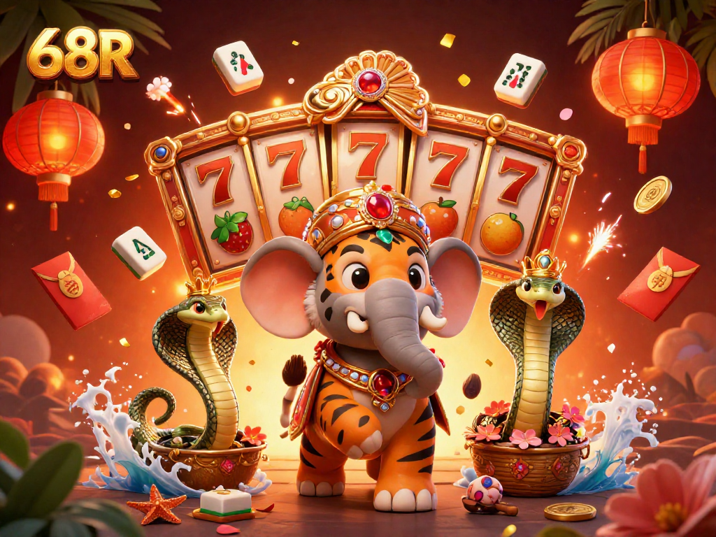 Experimente a emoção do 68R com um tigre maharaja e seu elefante em uma cena vibrante de cassino.