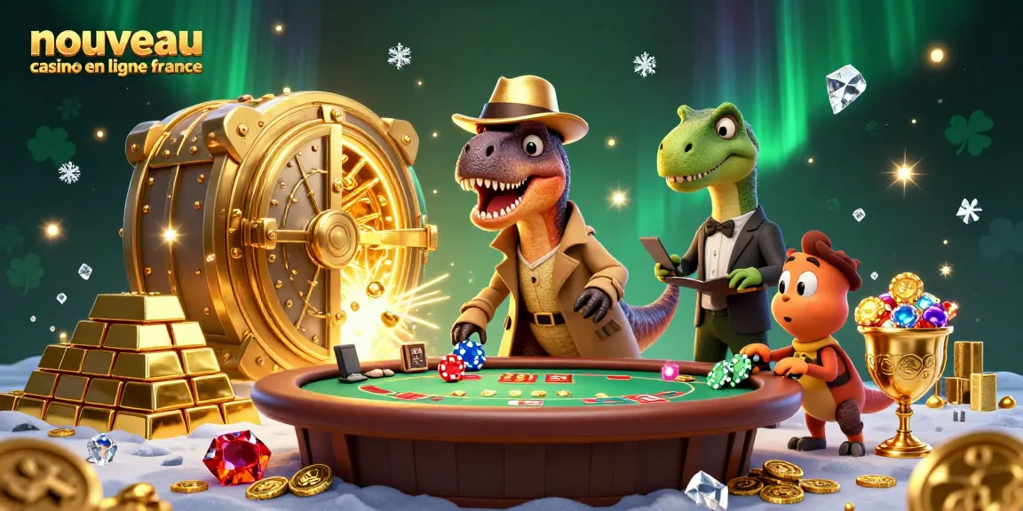 Une scène dynamique mettant en avant le nouveau casino en ligne France avec un velociraptor, un stégosaure et un compy au blackjack.