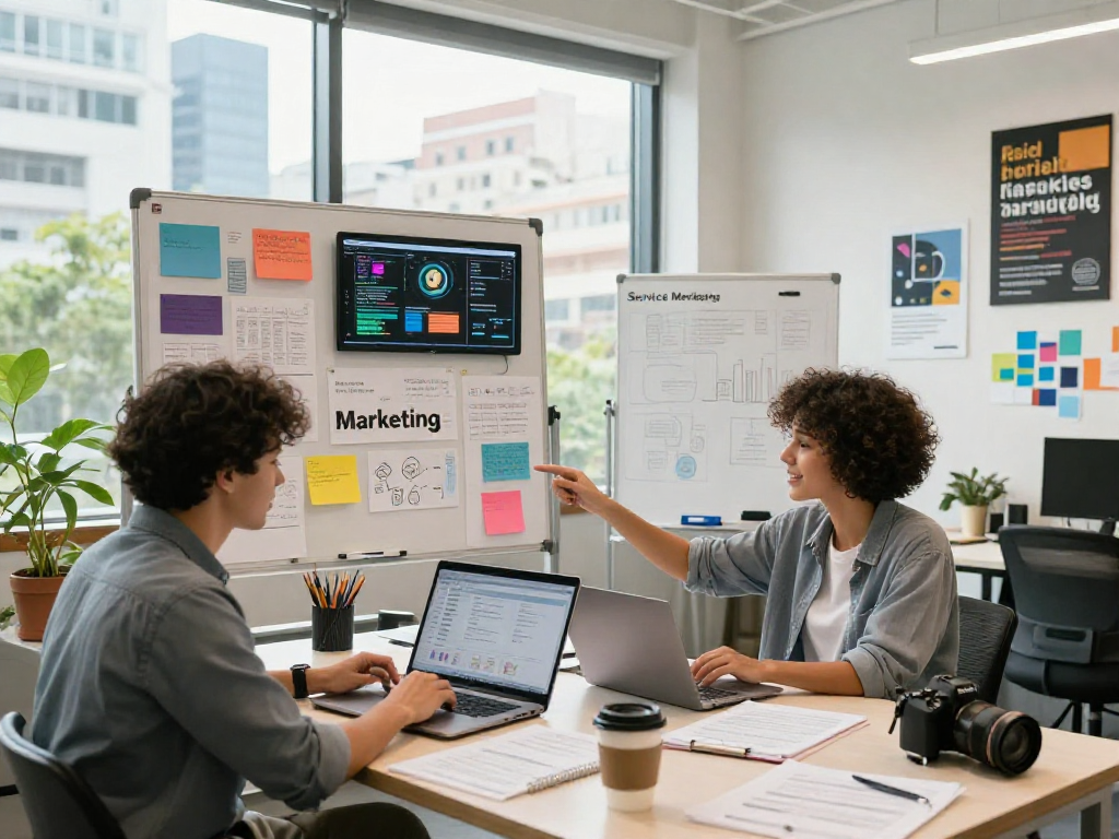 Dynamic workspace of a home service marketing agency featuring entrepreneurs strategizing with data visuals.