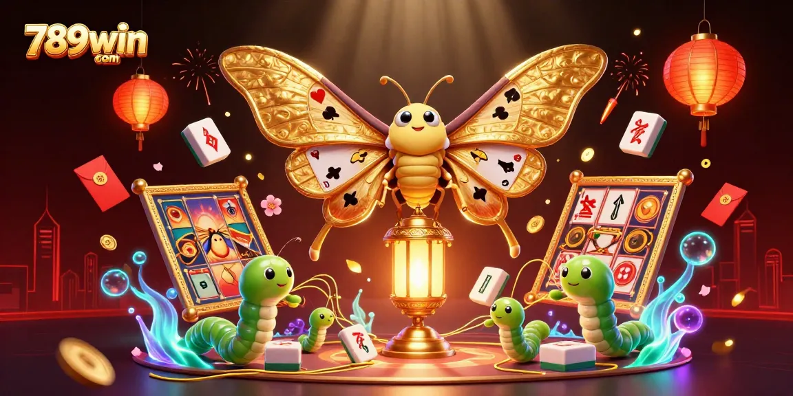 Experience the excitement with 789win com as golden moths and casino symbols fill the scene.
