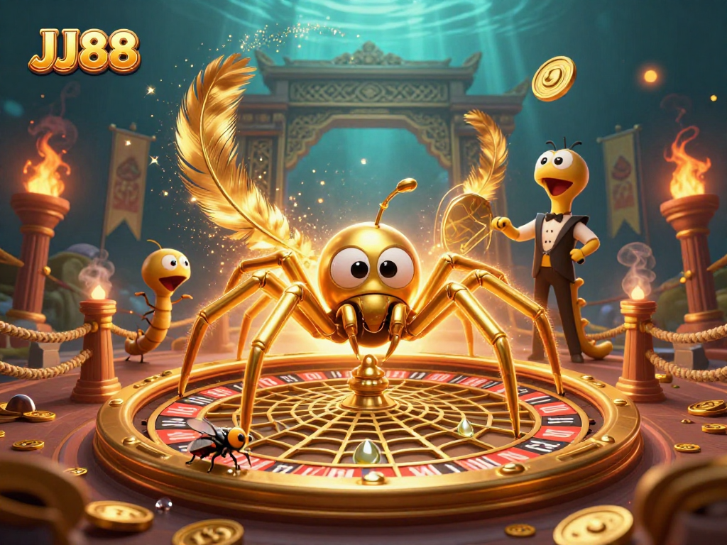 Experience the excitement of JJ88, with a golden spider and centipede croupier spinning luck in this vibrant casino scene.