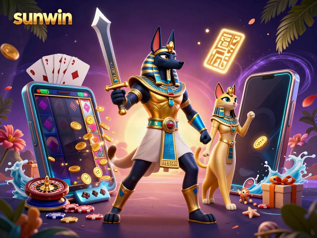 Engage with exciting games on sunwin, featuring Anubis and Bastet in a dynamic casino scene.