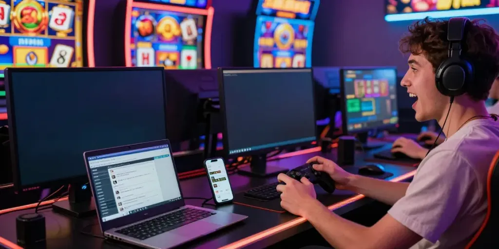Excited player enjoying king999 slot games on a high-resolution monitor amidst vibrant graphics and gaming equipment.