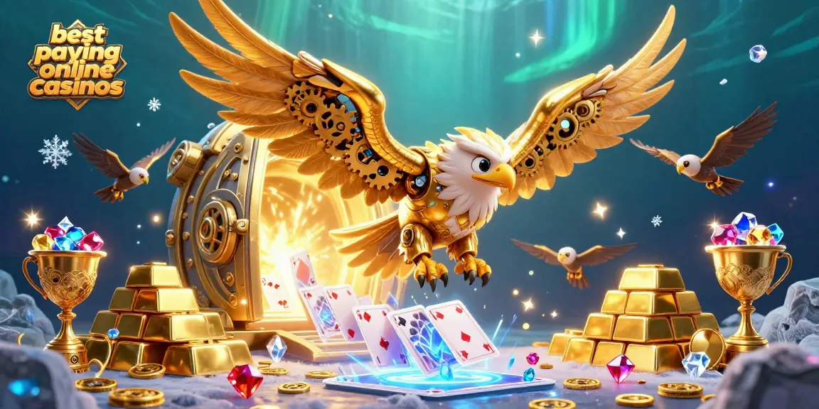 Experience thrilling wins at the best paying online casinos with a cybernetic eagle soaring over treasures.