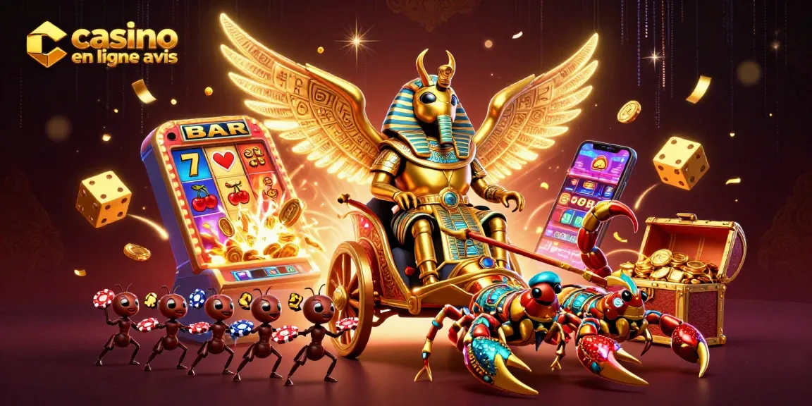 Vivez l'expérience des avis de casino en ligne avec une illustration vibrante de scarabée et de jeux de casino.