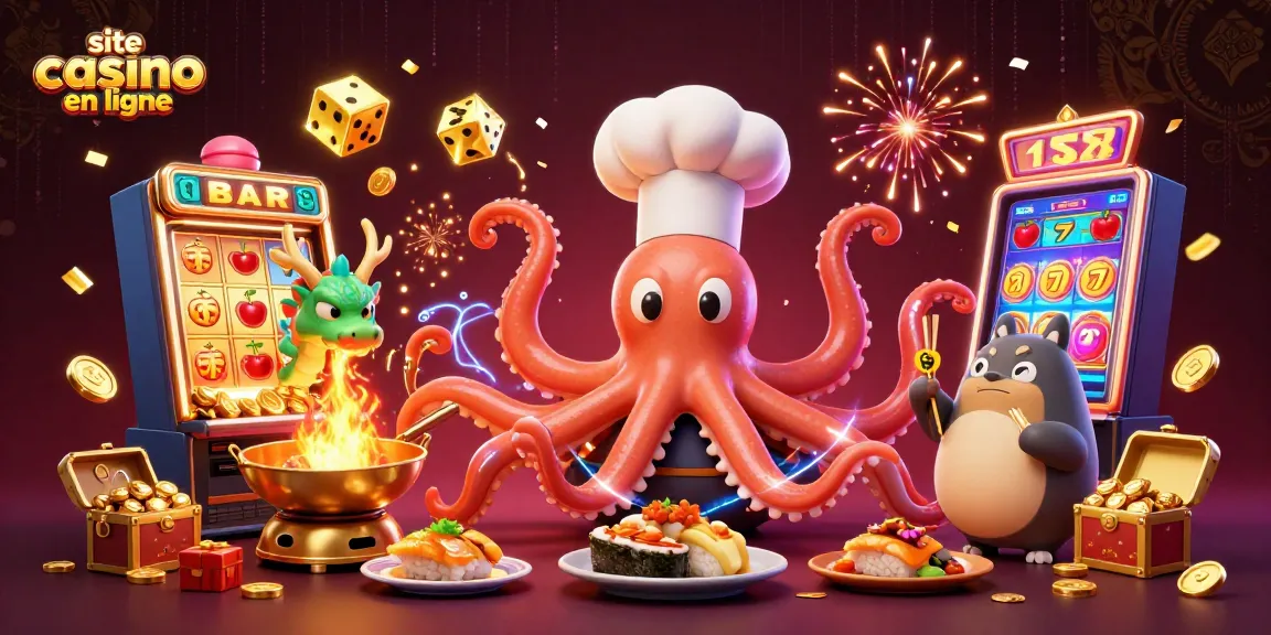 Jouez sur un site casino en ligne avec une scène animée et colorée où un chef sushi octopus et un dragon s'affrontent