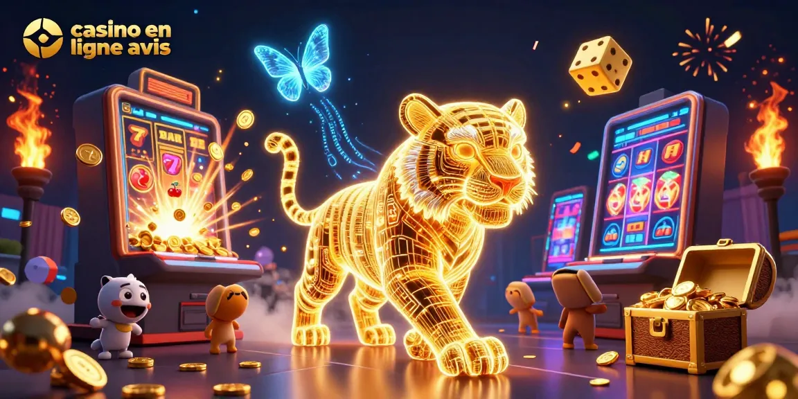 Vivez l'expérience des jeux avec des avis de casino en ligne, illustrée par un tigre en néon.