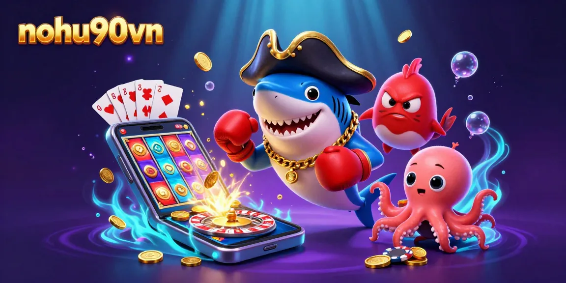 Spin the reels with nohu90vn's vibrant casino scene featuring dynamic characters and games.
