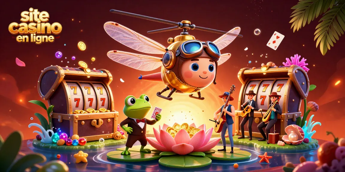 Illustration du site casino en ligne avec un pilote libellule et un croupier grenouille en pleine action.