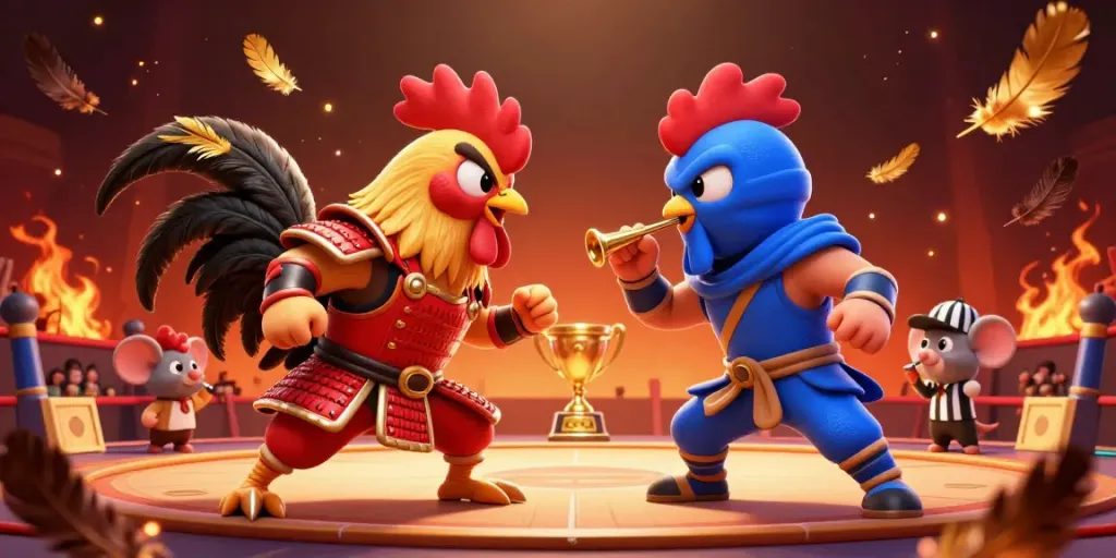 Xoilac tv roosters clash in an epic combat scene rich with gambling energy and vibrant colors.