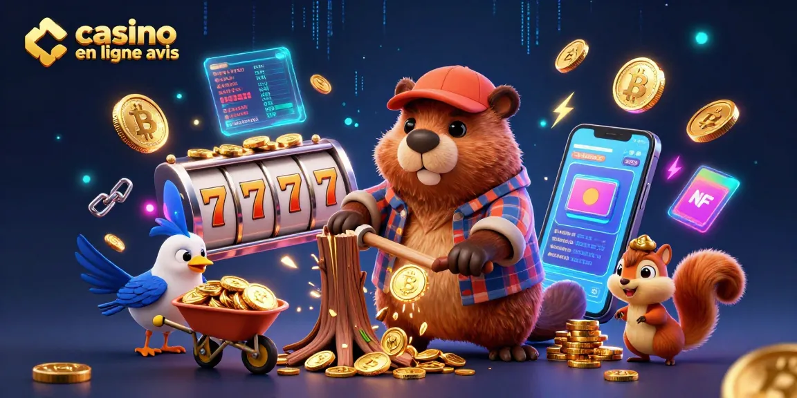 Casino en ligne avis : illustration dynamique montrant un castor bûcheron 3D, un oiseau et un écureuil réalisant des gains en or.