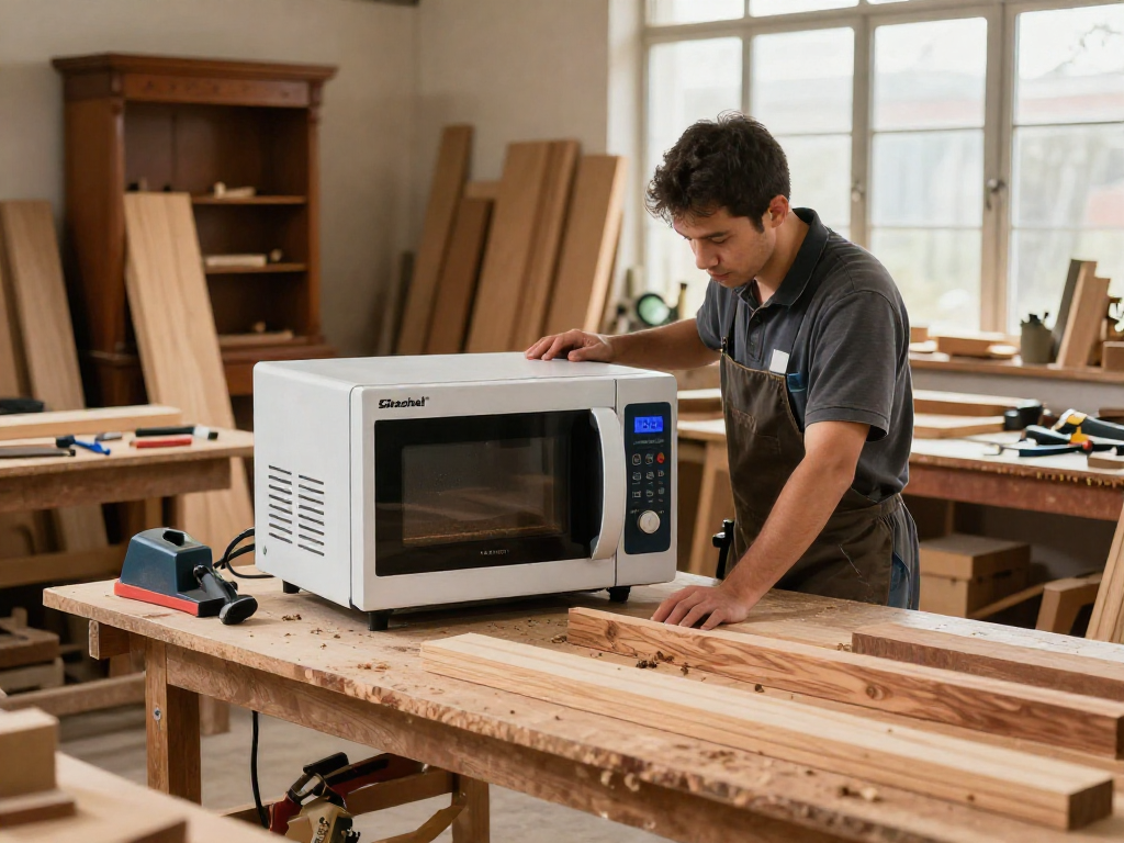 Shashel microwave equipment in a woodworking shop for quick pest elimination, showcasing effective wooden processing.